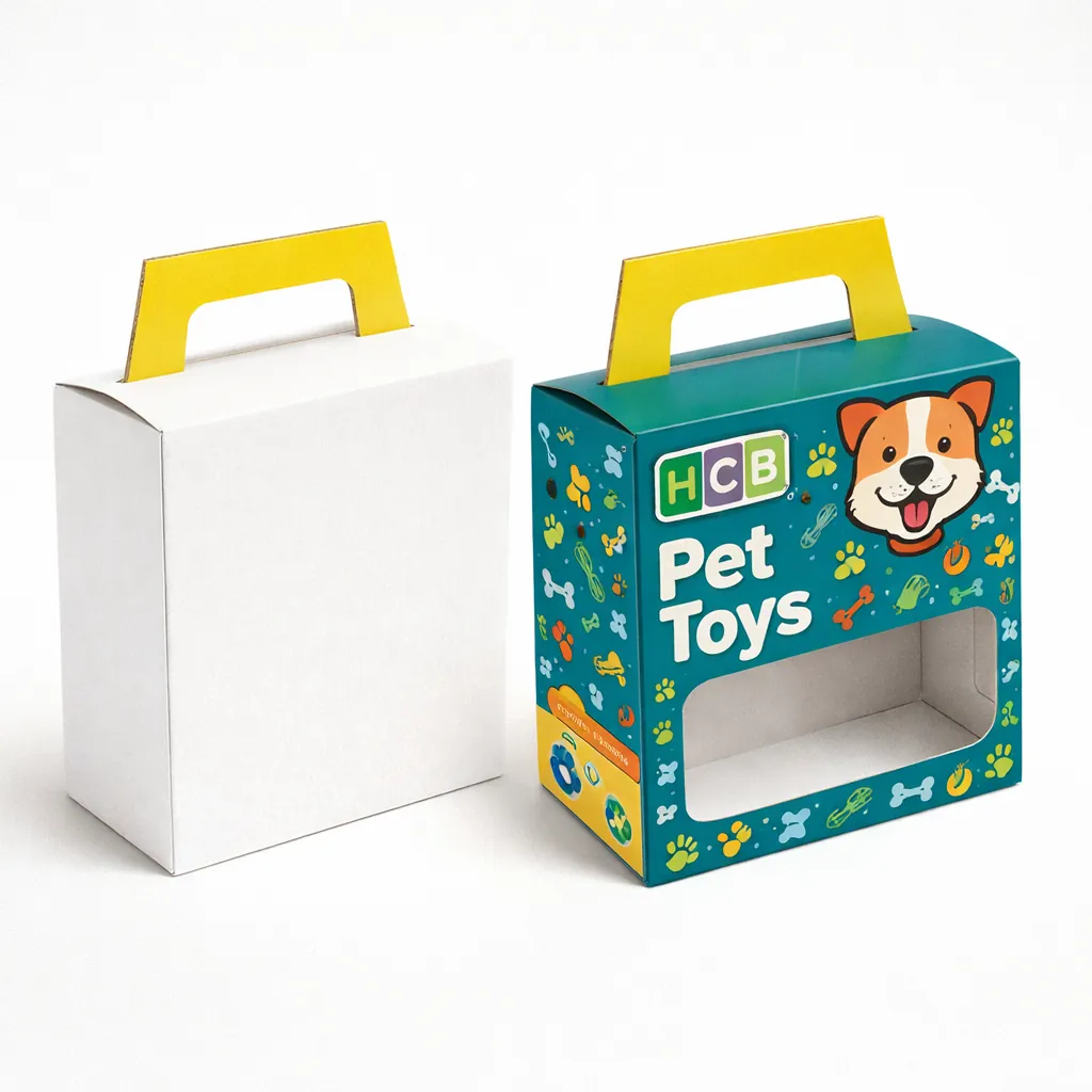 Two open flat-style cardboard boxes, one blank white and one with a colourful sitting dog illustration. class=